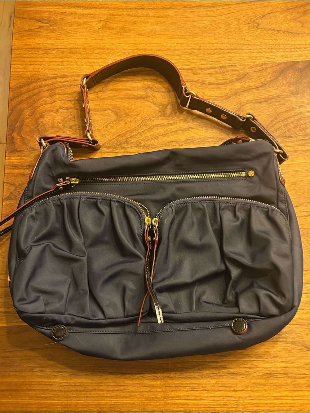 MZ Wallace Navy Shoulder Bag with Brown Trim